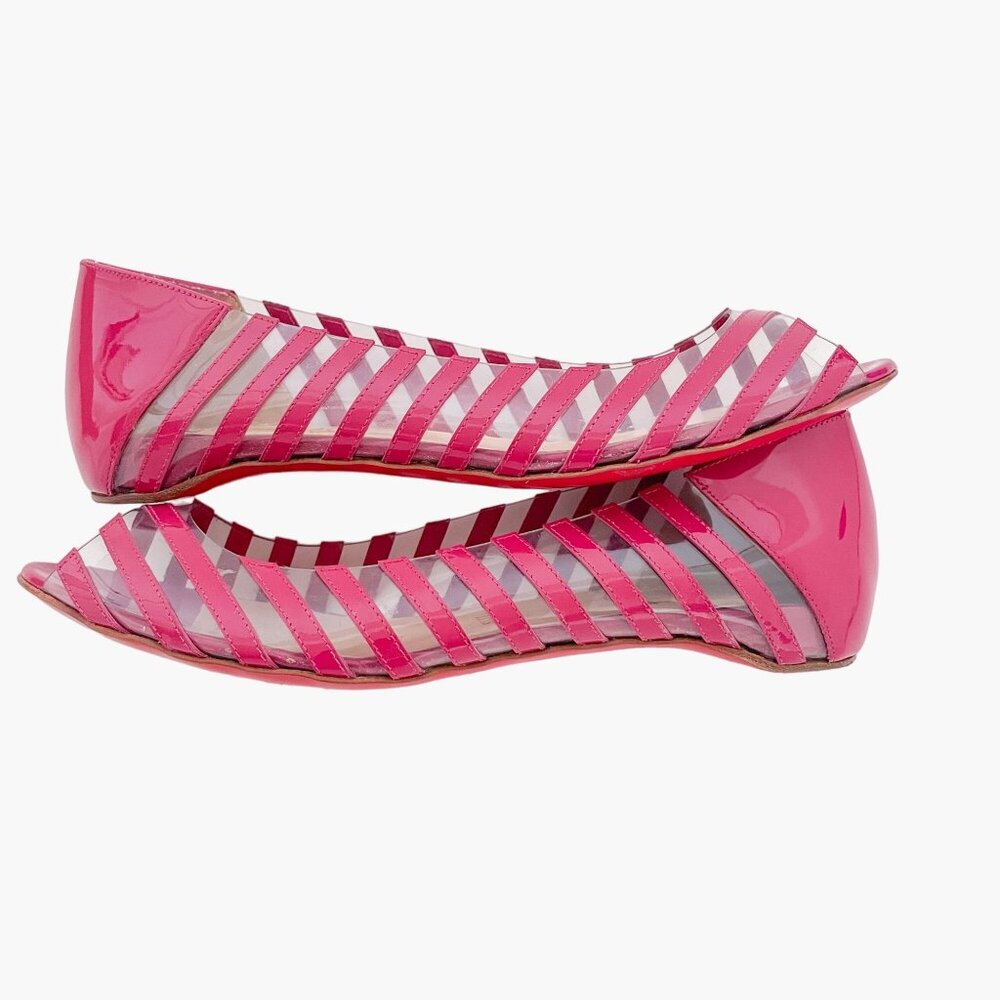 Christian Louboutin Pink Striped Peep-Toe Flats - Picture 7 of 13
